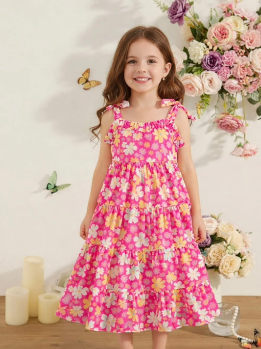 Girls Pink Floral Printed Tiered Maxi Dress | Sleeveless Summer Casual Party Dress for Kids (1–8 Years)