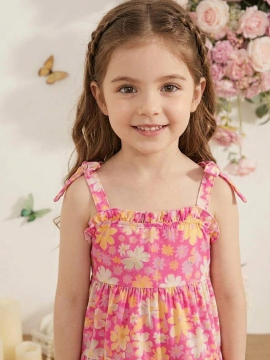 Girls Pink Floral Printed Tiered Maxi Dress | Sleeveless Summer Casual Party Dress for Kids (1–8 Years)