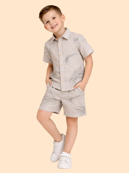 Boys Beige Printed Co-ord Set | Half Sleeve Shirt & Shorts Minimal Summer Outfit (2-6 Years)
