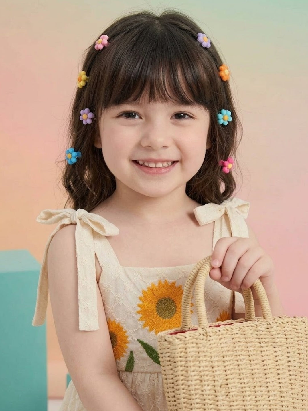 Girls Cream Sunflower Printed A-Line Dress | Sleeveless Cotton Summer Casual Party Dress for Kids (1–8 Years)