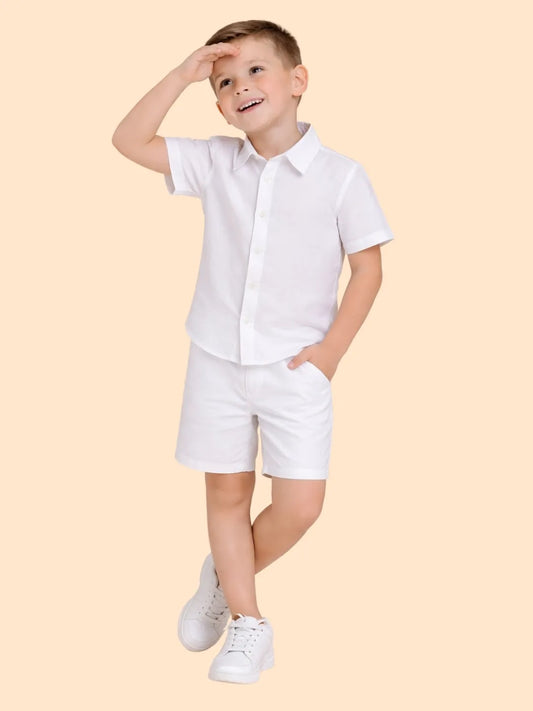 Boys Classic White Co-ord Set | Half Sleeve Shirt & Shorts Summer Outfit (2-6 Years)
