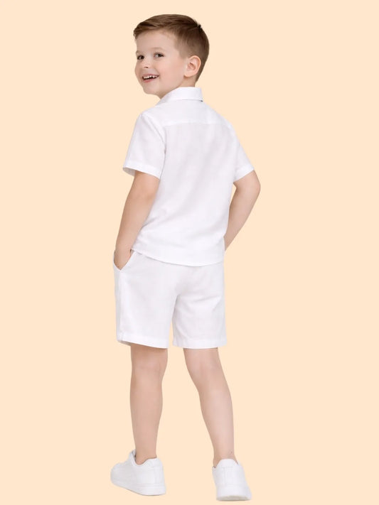 Boys Classic White Co-ord Set | Half Sleeve Shirt & Shorts Summer Outfit (2-6 Years)