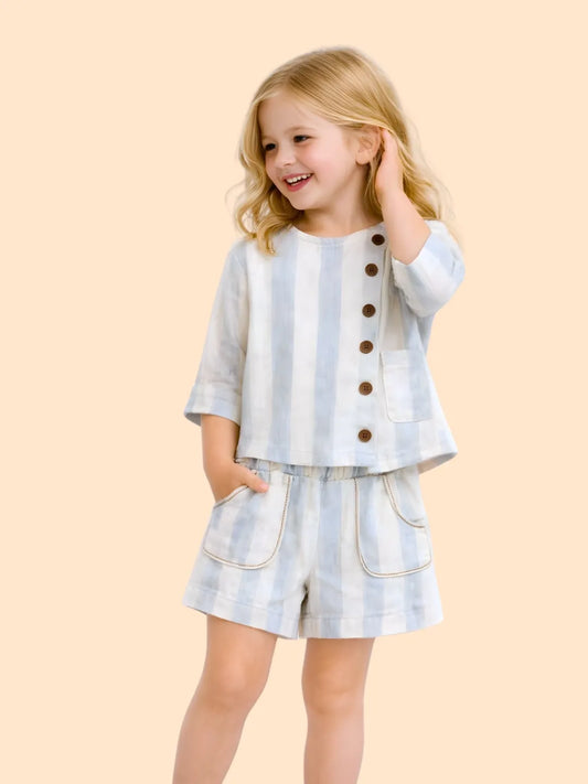 Girls Blue Striped Co-ord Set | Stylish Top & Shorts Outfit for Kids (2-6 Years)