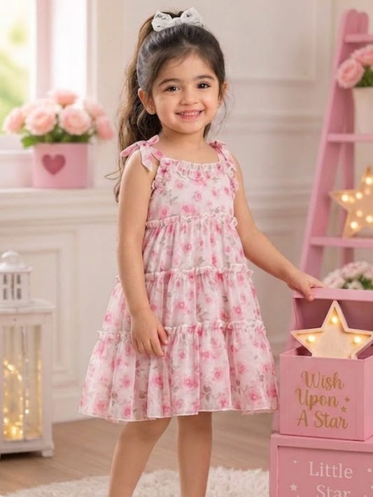 Girls Pink Floral Tiered Dress | Sleeveless Ruffle Cotton Summer Dress for Kids (1–8 Years)