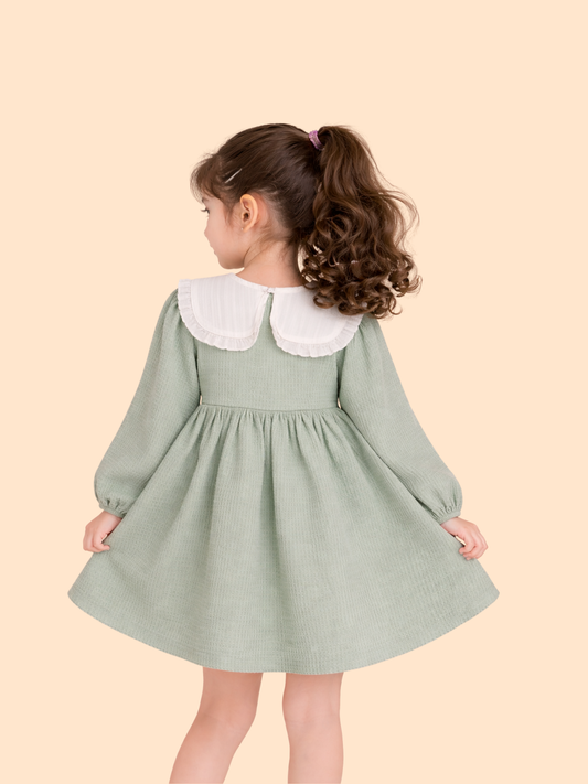 Girls Pastel Green Cotton Dress | Peter Pan Collar Casual Party Dress (2-6 Years)
