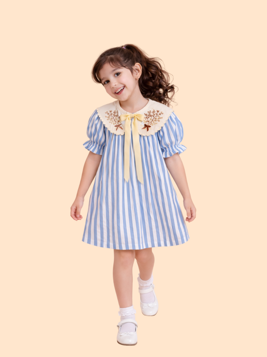 Girls Blue Striped Dress with Embroidered Collar | Elegant Cotton Party Dress (2-6 Years)