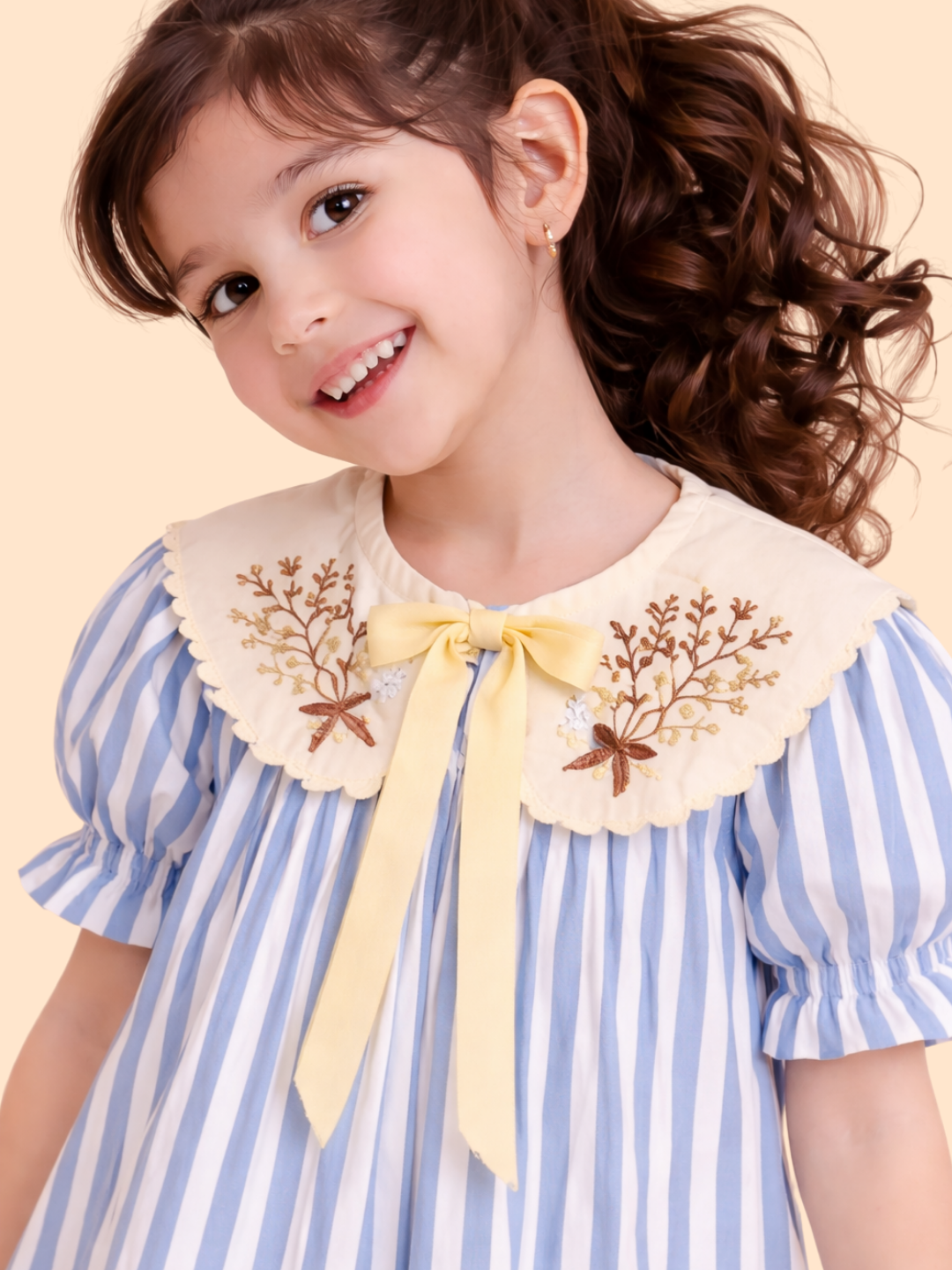 Girls Blue Striped Dress with Embroidered Collar | Elegant Cotton Party Dress (2-6 Years)