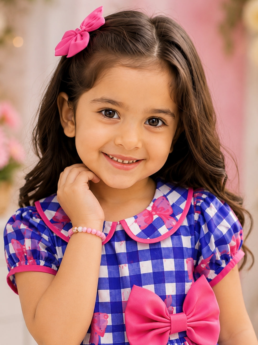 Girls Blue Checked Bow Print Party Dress | Cotton Puff Sleeve Fit & Flare Dress for Kids (2–8 Years)