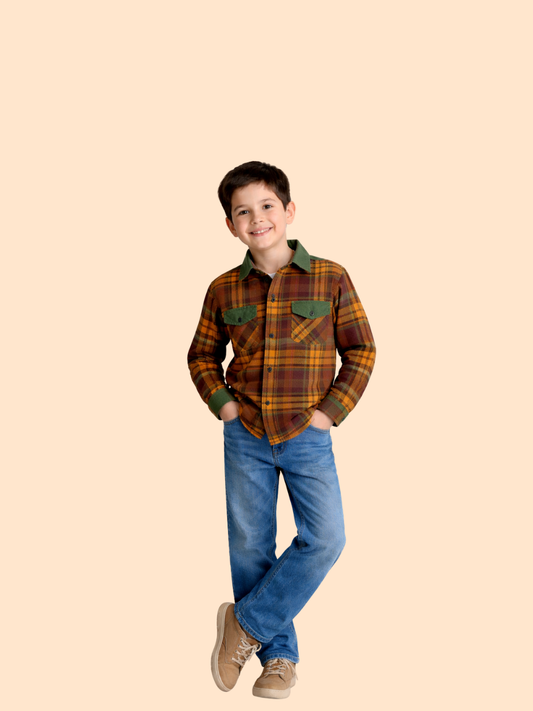 Boys Brown Checked Shirt with Denim Jeans | Stylish Casual Outfit Set (2-10 Years)