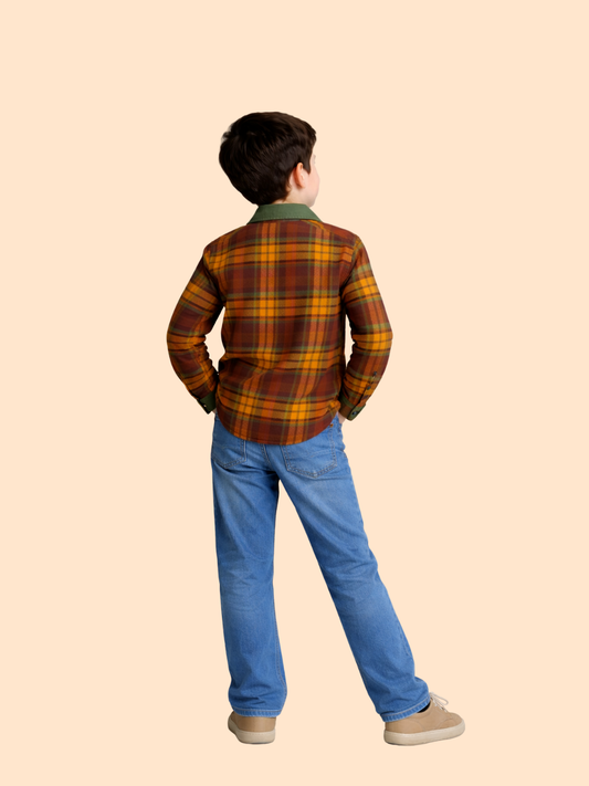 Boys Brown Checked Shirt with Denim Jeans | Stylish Casual Outfit Set (2-10 Years)