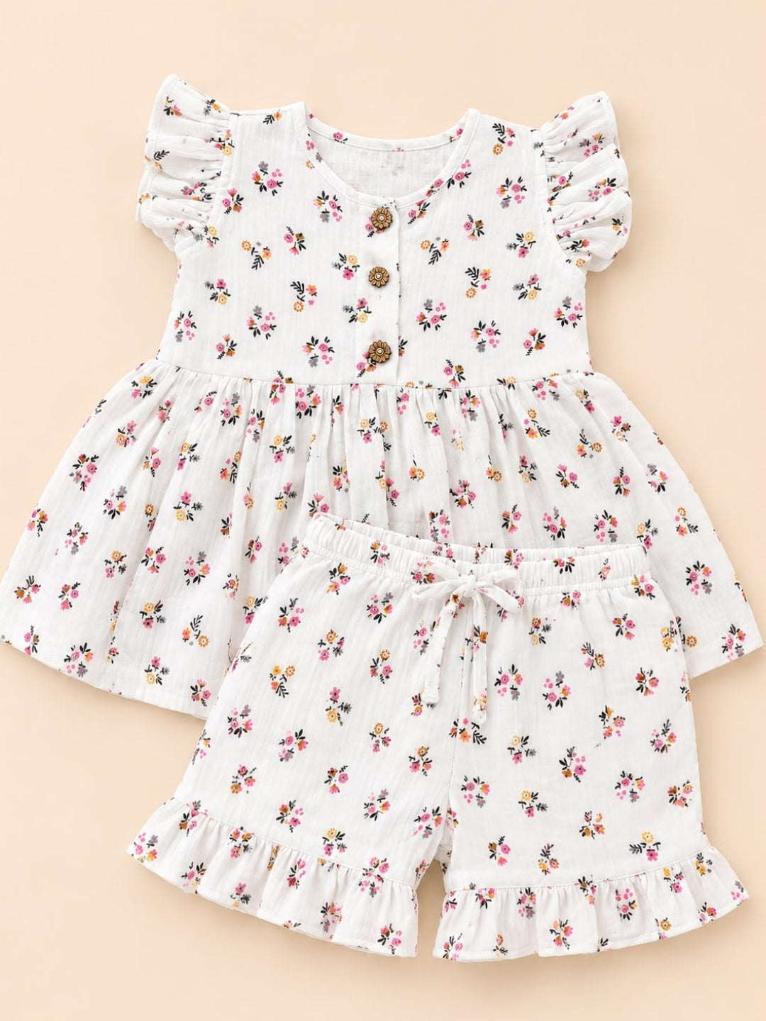 Girls Floral Cotton Co-Ord Set | Sleeveless Ruffle Top & Printed Shorts | Soft Summer Outfit | Casual Wear for Girls (2–8 Years)