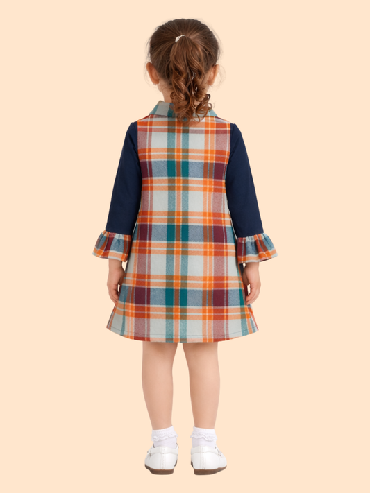 Girls Checkered A-Line Dress with Bow Collar | Stylish Winter Casual Outfit (1-6 Years)