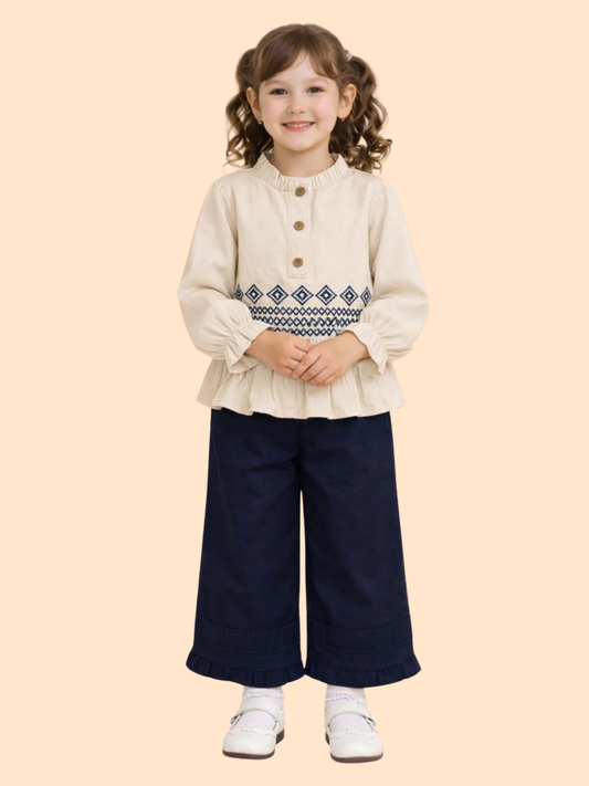 Girls Beige Embroidered Top with Navy Wide-Leg Pants | Elegant Casual Outfit Set (2-7 Years)