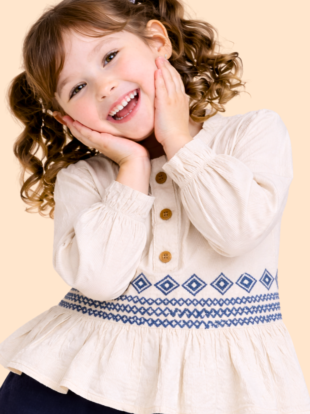 Girls Beige Embroidered Top with Navy Wide-Leg Pants | Elegant Casual Outfit Set (2-7 Years)