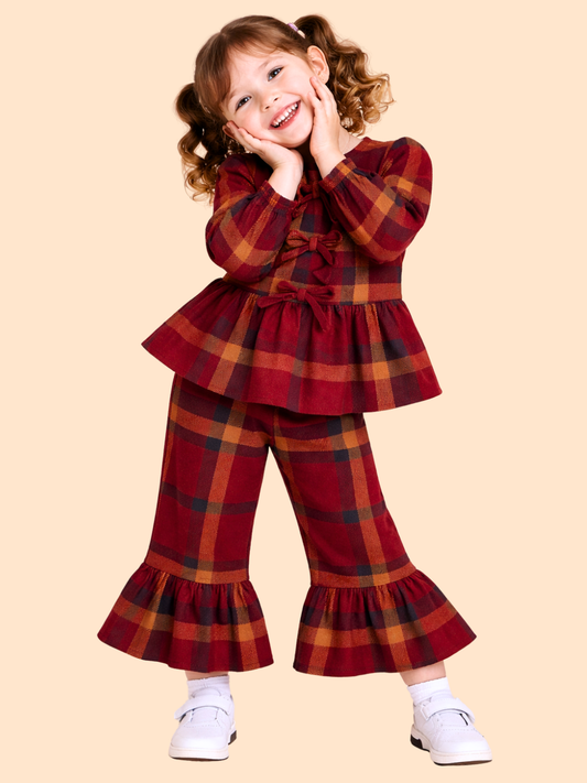 Girls Red Checked Peplum Top with Flared Pants | Stylish Party Outfit Set (2-10 Years)