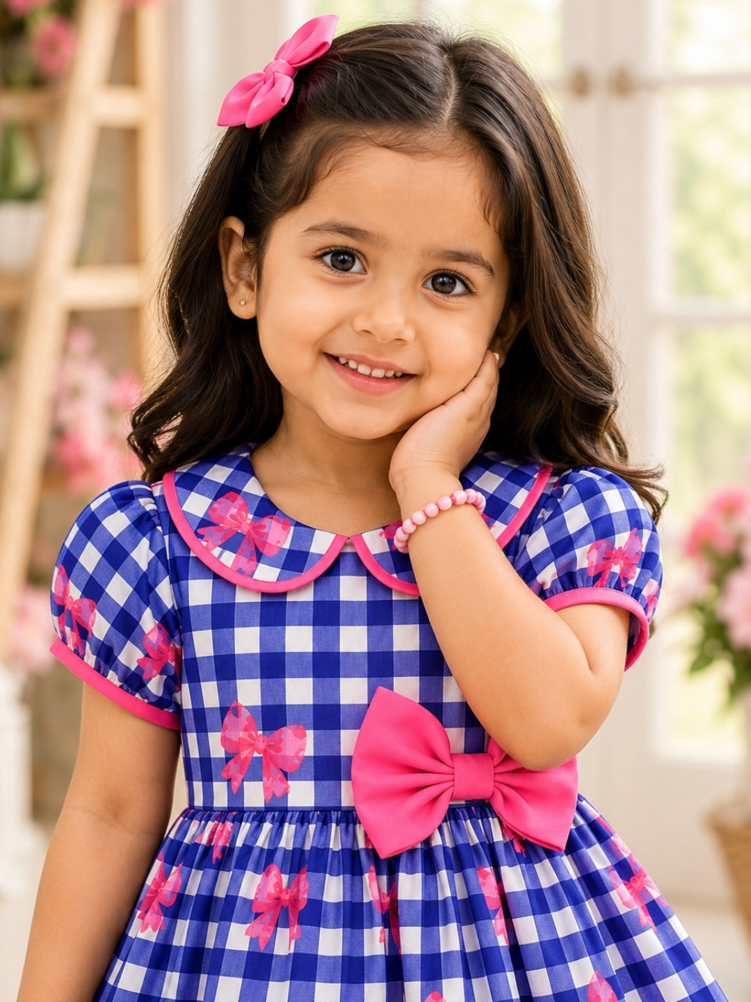 Girls Blue Checked Fit & Flare Dress with Pink Bow | Peter Pan Collar Cotton Dress | Casual Party Wear Dress for Girls