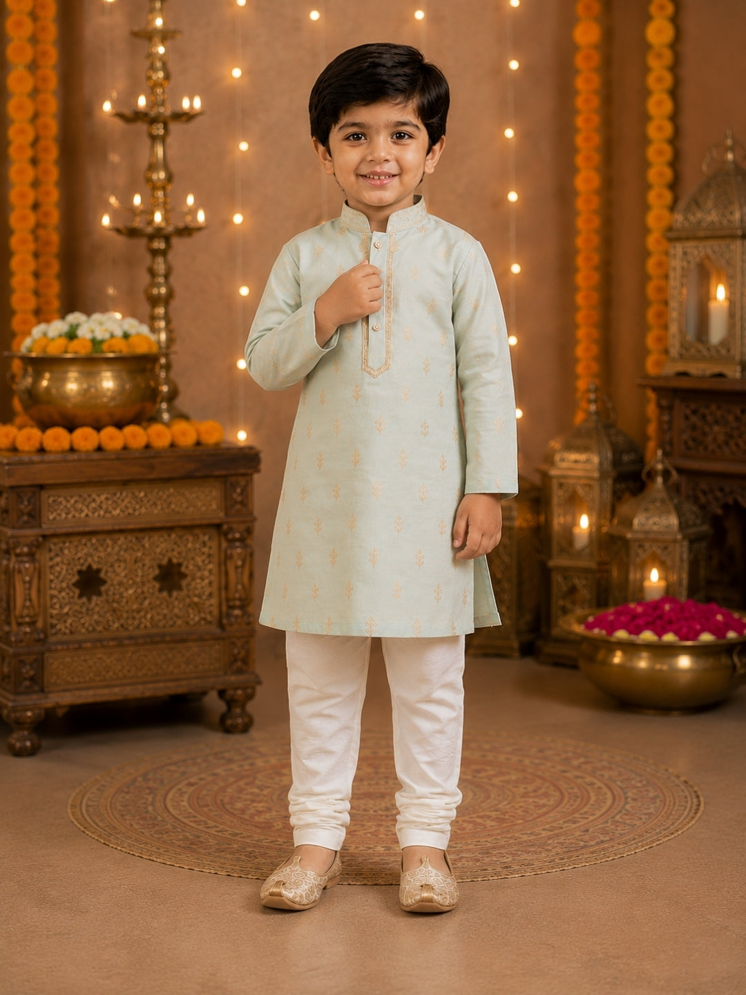 Boys Mint Green Embroidered Kurta Pajama Set | Premium Ethnic Wear for Kids | Festive, Wedding & Party Outfit (1–8 Years)