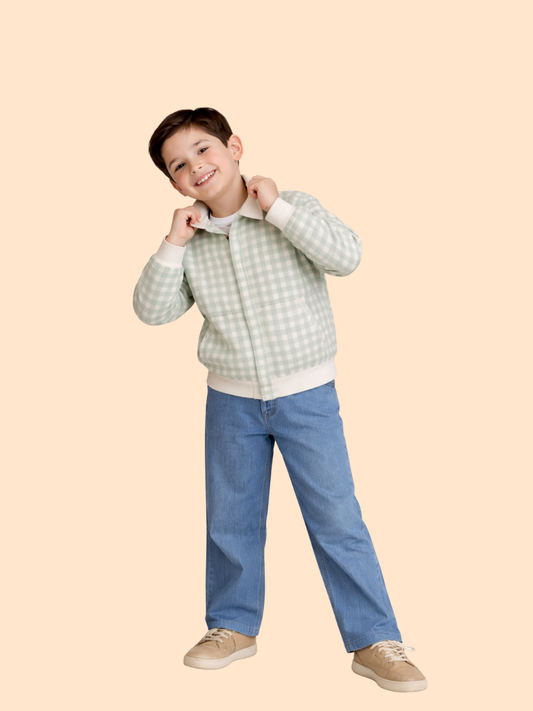 Boys Green Checkered Jacket with Denim Jeans | Stylish Winter Casual Outfit (3-8 Years)