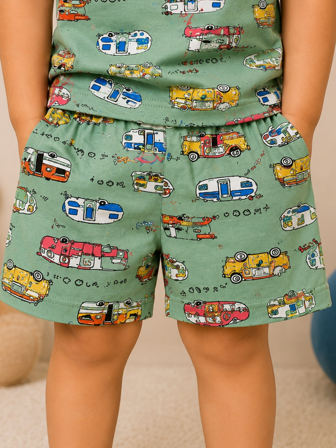 Boys Round Neck Green Vehicle Print Cotton T-Shirt & Shorts Co-ord Set | Half Sleeve Summer Outfit | Casual Wear for Boys