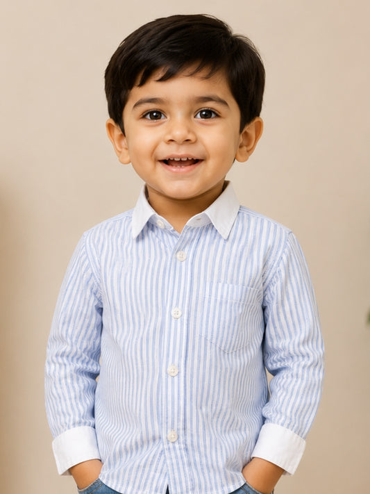 Boys Blue & White Striped Cotton Shirt | Full Sleeve Casual Formal Shirt for Boys | Premium Kids Shirt