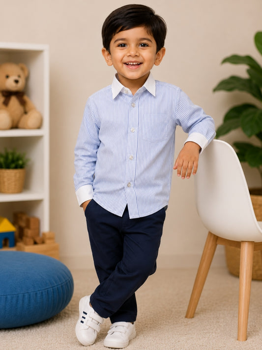 Boys Blue & White Striped Cotton Shirt with Navy Blue Trousers | Formal Co-ord Set for Boys | Smart Casual Party Wear Outfit