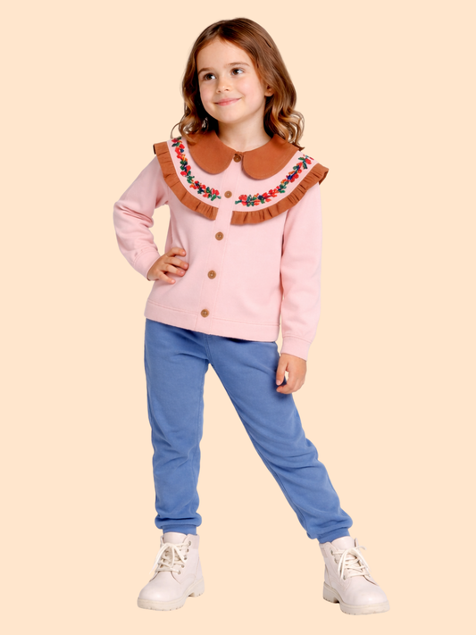 Girls Pink Embroidered Collar Sweatshirt with Pants | Winter Casual Outfit (3-8 Years)