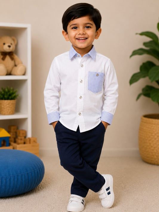 Boys White Cotton Shirt with Navy Blue Trousers | Full Sleeve Formal Co-ord Set | Smart Party Wear Outfit for Boys