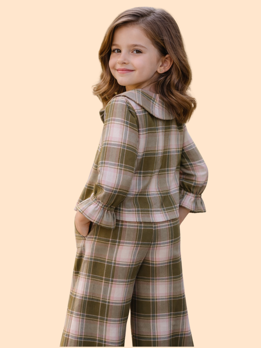 Girls Plaid Co-Ord Set with Bow Collar | Stylish Top & Pants Outfit (2-10 Years)