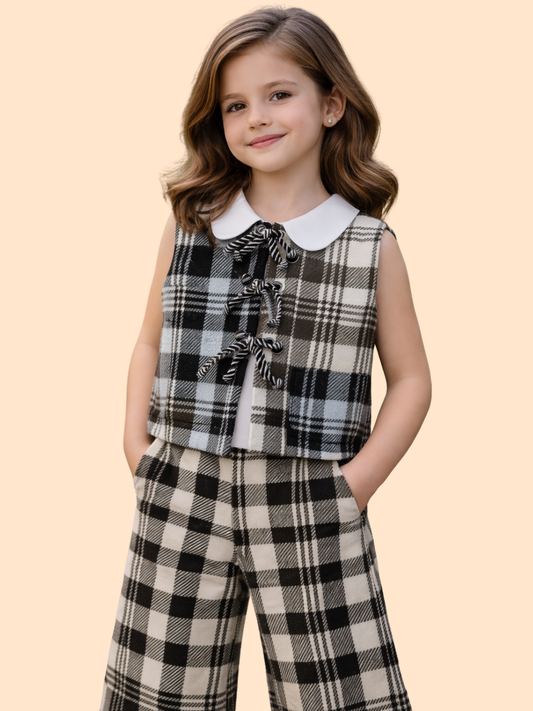 Girls Black & White Plaid Co-Ord Set with Collar Top | Stylish Party Outfit (2-10 Years)