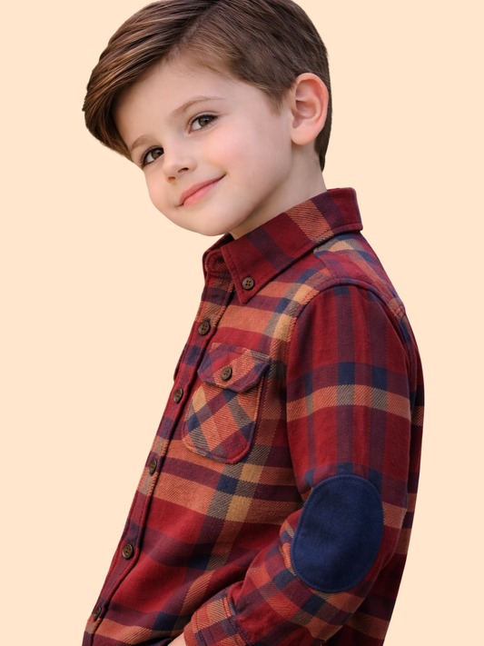 Boys Red Checkered Casual Shirt with Elbow Patch | Stylish Cotton Winter Shirt (2-10 Years)