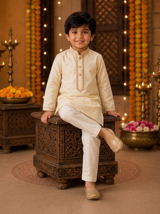 Boys Cream Embroidered Kurta Pajama Set | Premium Ethnic Wear for Kids | Festive, Wedding & Traditional Outfit (1–8 Years)