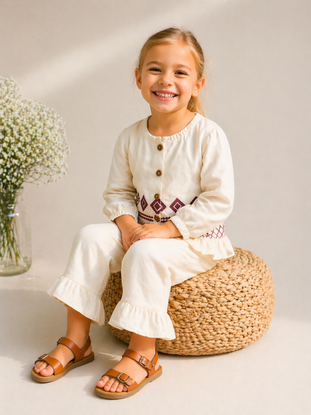 Girls Cream Cotton Co-Ord Set with Ethnic Print | Stylish Top & Pant Set for Kids (2–7 Years)
