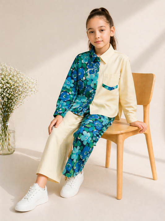 Girls Floral Co-Ord Set with Color Block Design | Stylish Shirt & Pant Set for Kids (1–6 Years)