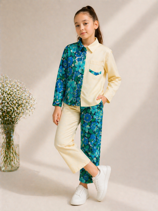 Girls Floral Co-Ord Set with Color Block Design | Stylish Shirt & Pant Set for Kids (1–6 Years)