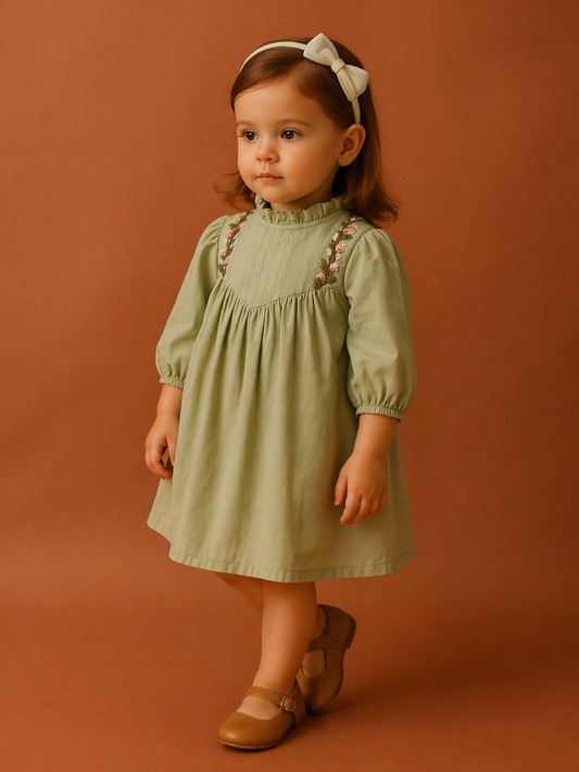 Baby Girl Olive Green Cotton Dress with Embroidery | Cute Party & Casual Wear (2–10 Years)
