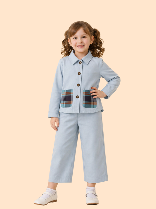 Girls Light Blue Co-Ord Set with Check Pockets | Stylish Casual Outfit (2–10 Years)