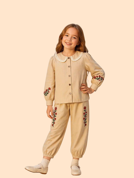 Girls Beige Floral Embroidered Co-Ord Set | Elegant Ethnic Casual Outfit (2–7 Years)