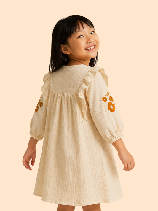 Girls Cream Embroidered Frill Dress | Soft Cotton Casual Party Wear (1–6 Years)
