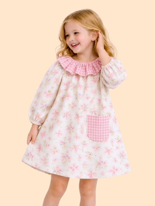 Girls Floral Printed Dress with Frill Neck | Cute Pink Casual Dress for Kids (2-6 Years)