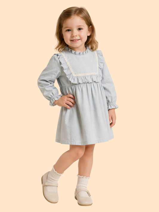 Girls Pastel Blue Frill Dress with Lace Detail | Elegant Cotton Casual Wear (1–6 Years)