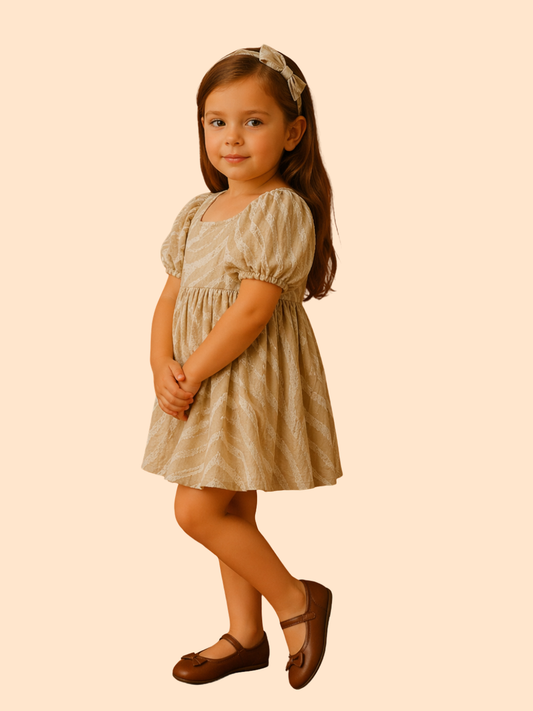 Girls Beige Textured Party Dress with Puff Sleeves | Elegant Casual Wear (1–5 Years)