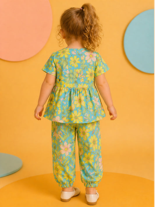 Girls Floral Co-Ord Set in Teal & Yellow | Summer Casual Outfit (1–5 Years)