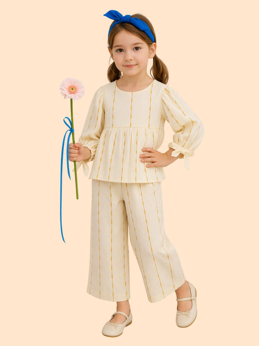 Girls Cream Striped Co-Ord Set with Bow Sleeves | Elegant Casual Outfit (1–6 Years)