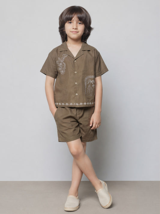Boys Olive Brown Co-Ord Set with Embroidery | Casual Summer Shirt & Shorts Set (2–8 Years)