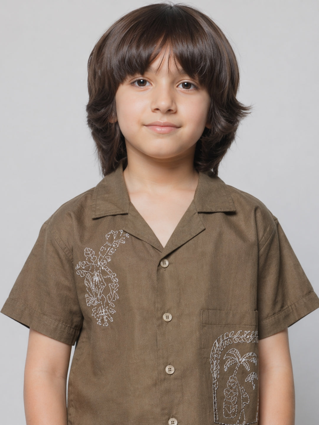 Boys Olive Brown Co-Ord Set with Embroidery | Casual Summer Shirt & Shorts Set (2–8 Years)