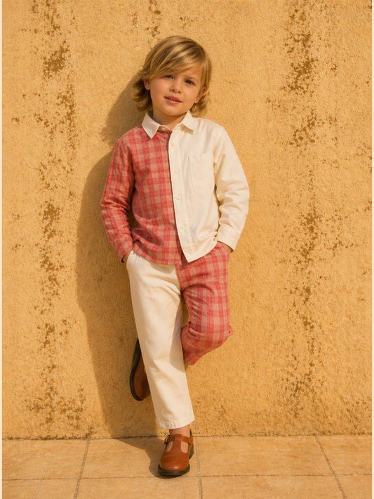 Boys Dual-Tone Co-Ord Set with Checks | Cream & Red Designer Shirt Pant Set (2–10 Years)