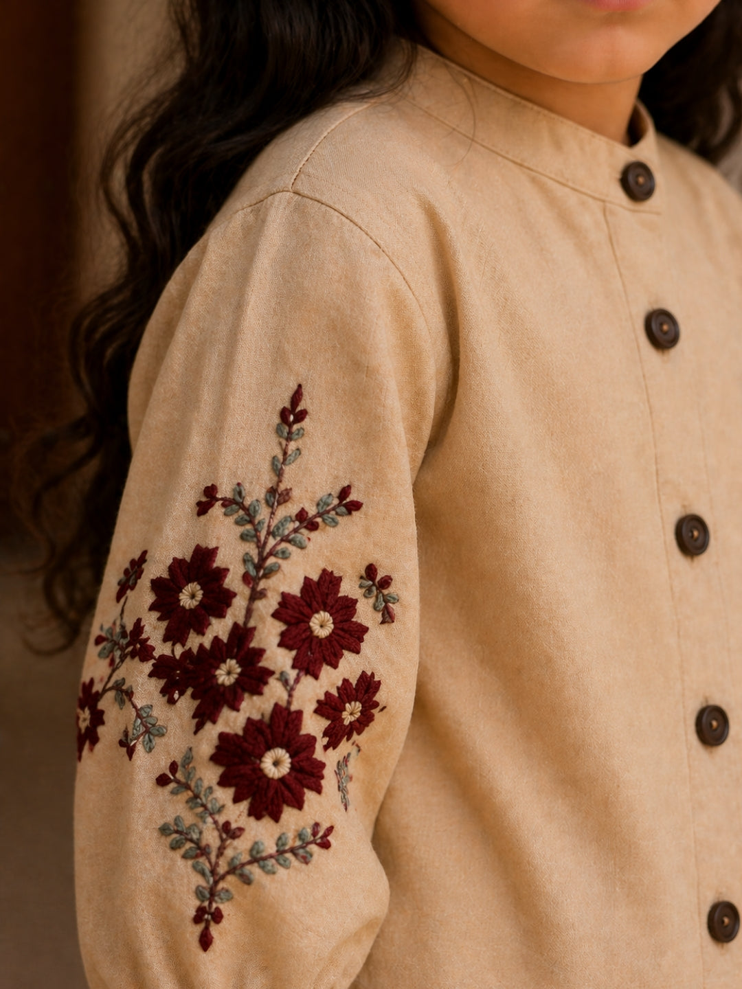 Girls Beige Embroidered Co-Ord Set | Ethnic Style Kurta & Pants Set (2–7 Years)