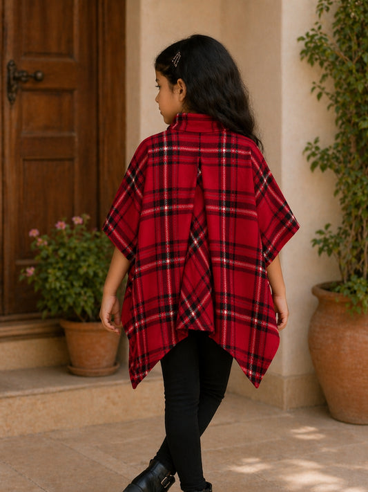 Girls Red Check Cape Poncho Top with Leggings | Winter Stylish Outfit (2–8 Years)