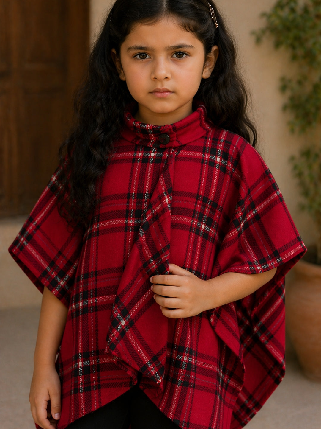 Girls Red Check Cape Poncho Top with Leggings | Winter Stylish Outfit (2–8 Years)