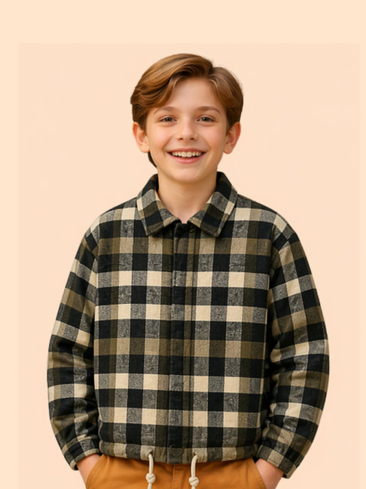 Boys Checkered Casual Jacket Shirt | Black & Beige Winter Shirt (2–10 Years)